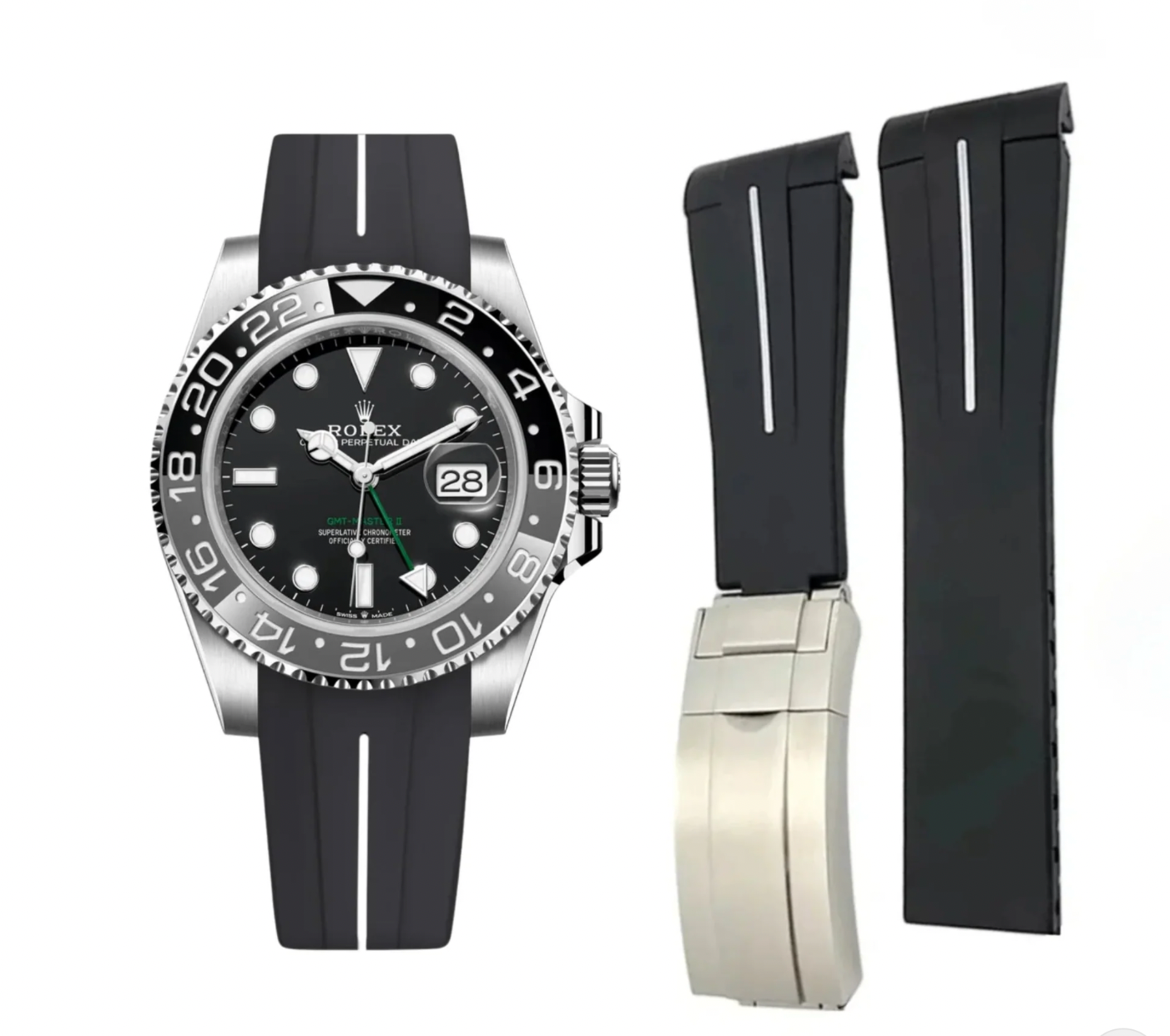 Y Deployant Rubber Strap - For Rolex GMT-Master II - Black w/White Line | LuxLine®